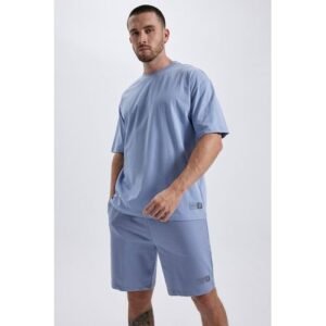 Defacto Man Oversize Fit Short Sleeve Crew Neck Knitted T-Shirt - Blue