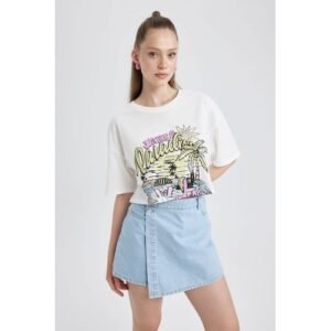 Defacto Woman Oversize Fit Knitted Short Sleeve T-Shirt - White