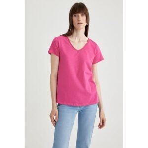 Defacto Woman Regular Fit V Neck Knitted Short Sleeve T-Shirt - Pink