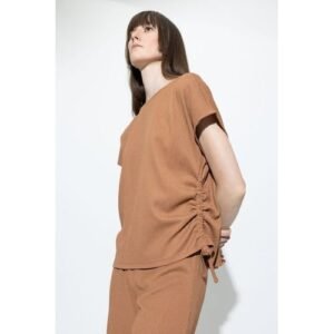 Defacto Woman Casual Batwing Crew Neck Knitted Short Sleeve T-Shirt - Brown