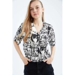 Defacto Woman Regular Fit Pyjamas Neck Woven Short Sleeve Shirt - White