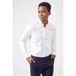 Defacto Man Smart Casual Modern Fit Buttondown Polo Neck Woven Long Sleeve Shirt - White