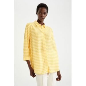 Defacto Woman Regular Fit Shirt Neck Woven Tunic-Yellow