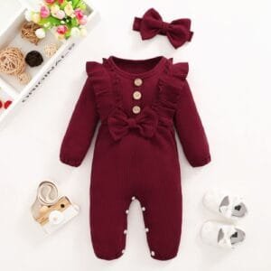 Baby Girls Sold Color Ribbed Long Sleeve Jumpsuit -Red