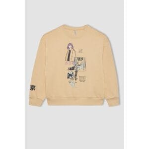 Defacto Girl Casual Regular Fit Crew Neck Long Sleeve Knitted Sweat Shirt - Beige