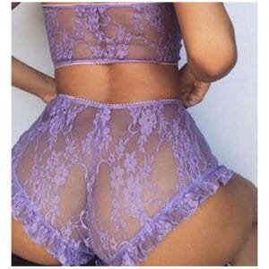 BKLD 2019 New Fashion Lace Sets Short Sheer Sexy Mesh Two Piece Sets Women Off Shoulder Crop Tops And Ruffle Shorts Suits Ladies?#purple?