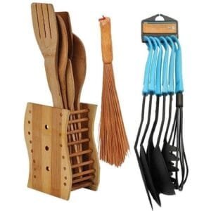 6 Pcs Of Kitchen Wooden Spoons + 6 Set Of Non-stick Spoons + Ewedu Broom
