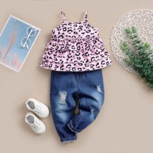 Kids Girls Fashion Outfit Leopard Tank Tops + Ripped Holes Jeans Pink