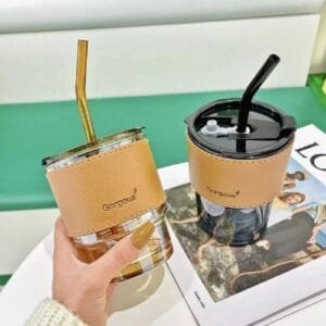 450ml- Glass Coffee/H2o/Milk Cup, With Lid And Straw (amber)