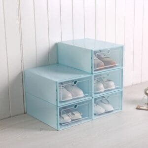 6pcs Foldable Shoe Box Storage Plastic Transparent Case Stackable Organize ^ Blue