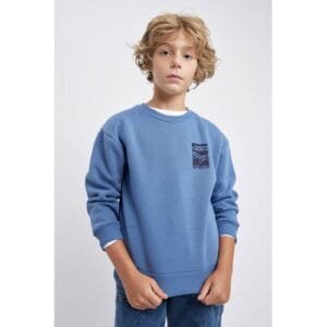 Defacto Boy Casual Oversize Fit Crew Neck Long Sleeve Knitted Sweat Shirt - Indigo