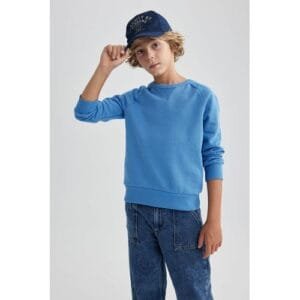 Defacto Boy Casual Regular Fit Crew Neck Long Sleeve Knitted Sweat Shirt - Blue