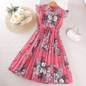 Girls Fully Pleated High Neck Collar With Gathered Sleeves Dress-PEACH MULTICOLOUR