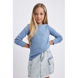 Defacto Girl Casual Regular Fit Crew Neck Knitted Long Sleeve Body - Blue