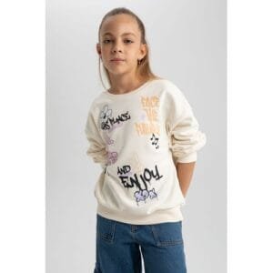 Defacto Girl Casual Oversize Fit Crew Neck Long Sleeve Knitted Sweat Shirt - Ecru