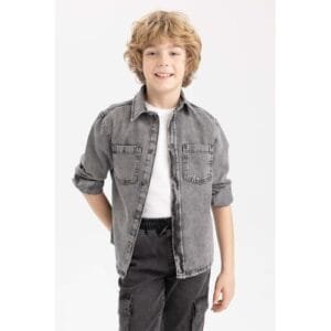 Defacto Boy Casual Oversize Fit Polo Neck Denim Long Sleeve Shirt - Grey