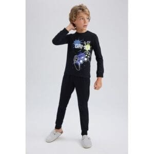 Defacto Boy Special Collection Regular Fit Crew Neck Long Sleeve Knitted Pyjamas - Black