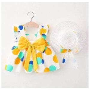 Sleeveless Baby Girl Big Bow Dress Printed Cotton 2-piece Set With Visor?spliced Circle Set