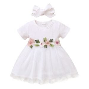 Infant Baby Girl Embroidery Flowers White Short Sleeves Princess Dress
