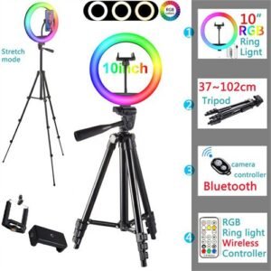 Adjustable Tripod Selfie Stand W/ RGB Ring Light (15 Colors)