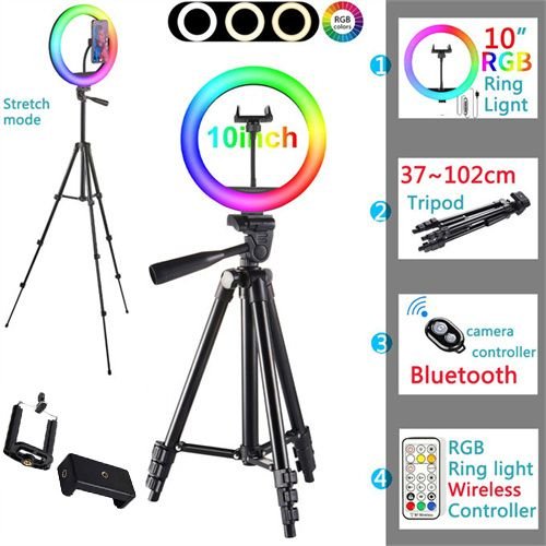 Adjustable Tripod Selfie Stand W/ RGB Ring Light (15 Colors)