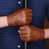 Men Sheepskin Gloves Retro Genuine Leather Fingerless Gloves Driving Cycling Motorcycle Unlined Half Finger Gloves-Brown Stripe