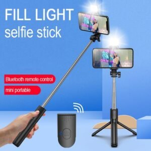 Bluetooth Selfie Stick Tripod + Fill Light +Shutter Remote- Black