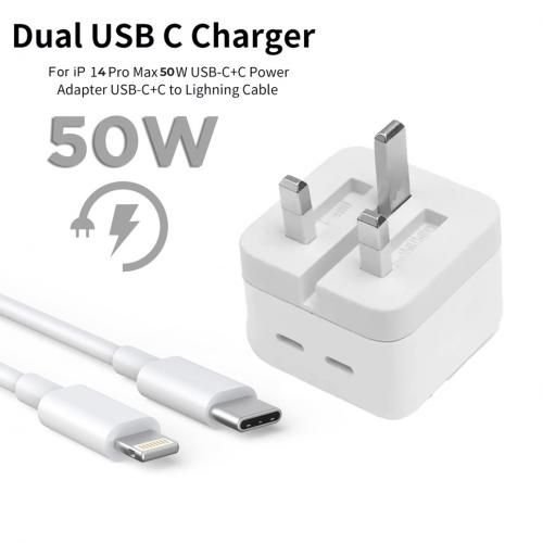 50W Dual Type C Lighting Fast Charger For Iphone 14 Pro Max/14 Plus/14/13 Pro Max/13 Pro/13/13 Mini/12 Pro Max/12 Pro/12/12 Mini/11 Pro Max/11 Pro/11/Xs Max/XR/XS And Ipads