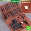16PCS Stainless Steel Nail Care Tool Set - Black Manicure Set with Brown Case