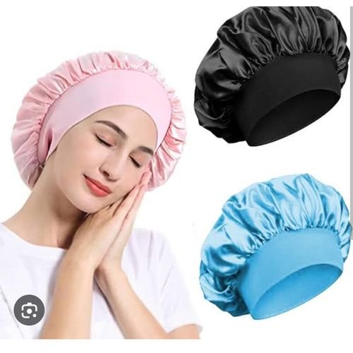 3 Ladies Satin Bonnet Sleep Cap +Silk Elastic Band-Bath Wrap