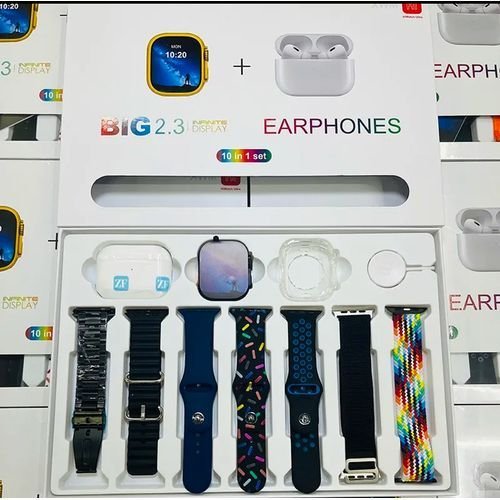 I20 Ultra Max SUIT 10 In 1 Set Smartwatch With TWS Earphone Wireless 7 Straps 2.3" Heart Rate Tracker Ultra 8 Smart Watch 49mm