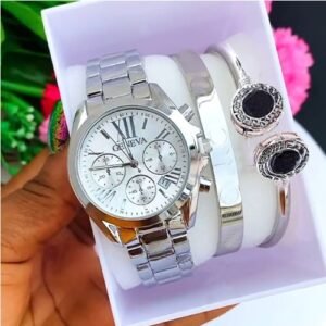 Geneva Awesome Beauty / Long Lasting Gold Wrist Watch + Matching Studded Bracelet  For Classic Ladies