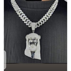 2in1 Iced Out Cuban Link Chain With Silver Studded Stone Plated Rugged Pendant