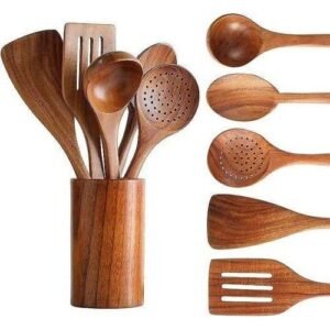 6pcs Wooden Cooking Spoon Set With Rest Holder