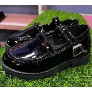All Black Glossy Girls Buckle Shoe- Black