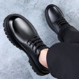 (Black)LIHUAMAO Retro Oxford Shoes Men Casual Derby Lace Up Round Toe Platform Thick Outsole Leather Shoes Chunky Heel 4.5cm Height ACU