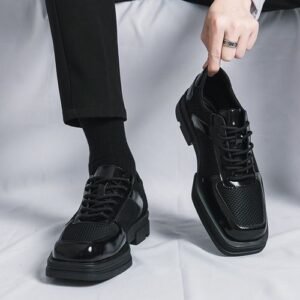 Flangesio New Classic Men Square Toe Formal Dress Shoes Mens Platform Leather+Mesh Oxfords Lace Up Thick Sole Male Casual Shoes Banquet Wedding Shoes Party Shoes Black EUR Size 38-45