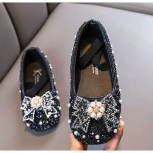 Girl's Rhinestone Pearls Princess Party Flat Shoes - Black