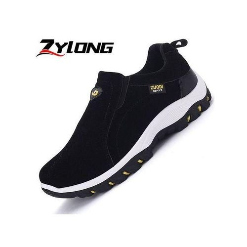 Flangesio High-quality Men Hiking Shoes Big Size 39-48 Suede Leather Slip On Sneakers Anti-Slip Outdoor Trekking Travel Footwear Mountain Shoes Black