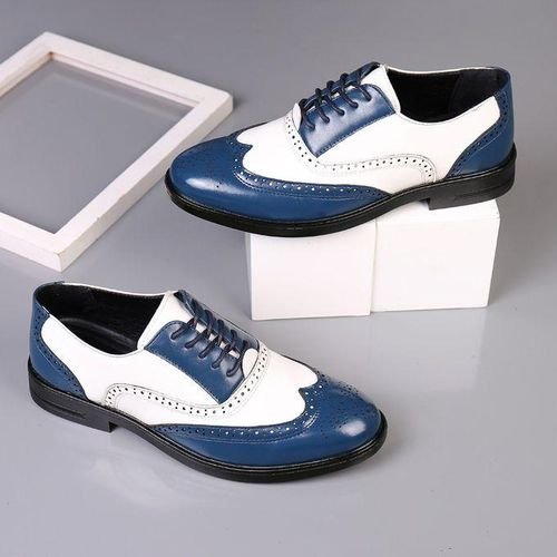 (white Blue)Men's Shoes Brogue Carved Large Size Color Blocking Youth Men's Business Formal Leather Shoes Designer Shoes Men ACU