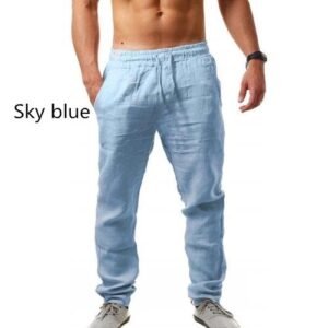 (Blue)Men's Cotton Linen Pants Male Summer Breathable Solid Loose Color Linen Trousers Casual Streetwear Elastic Waist Exercise Pant OM