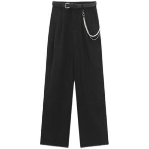 (Black)Yitimuceng Black Chain Pants For Women 2023 New Fashion Belt Beading High Waisted Pants Vint