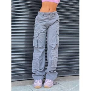 (Light Grey)Summer Womens Vintage Grey Cargo Pants High Waist Wide Leg Jeans Baggy Casual Fashion M