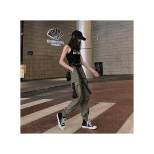 GreenWomen's High Waist Cargo Pants Women Black Goth Baggy Grunge Punk Techwear Pocket Casual Loose Combat Twill Pants Girls DOU