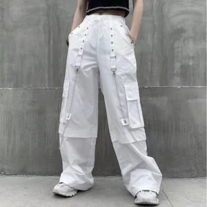 (White)White Baggy Wide Leg Cargo Chain Pants Women Fairy Grunge Punk Alt Trousers Casual Emo Alternative Korean Fashion Summer Clothes DOU