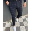 (Navy Blue)Men's Business Casual Striped Skinny Long Trousers Office Slim Fit Pa
