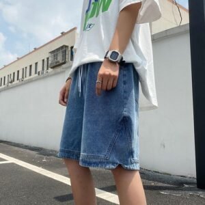 (Retro Blue)Retro Blue Denim Casual Shorts Men Summer Loose Harajuku Hip Hop Ins Fashion Baggy All-match Basic Designer Multi Pockets Teens WEF