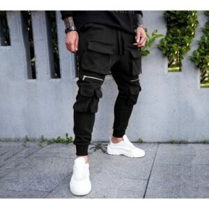 Jones Wears Black Cargo Jogger With Zippers