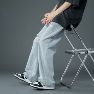 (Light Blue)Spring And Summer New Style Is Thin Ripped Jeans Korean Street Fashion Loose Denim Trousers Baggy Blue Casual Pants XXA