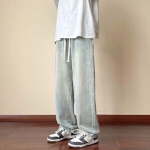 (Light Blue)Streetwear Men's Elastic Waist Wide Leg Baggy Jeans Korean Fashion New Autumn Retro Oversize Jeans Male Drawstring Design Pants XXA